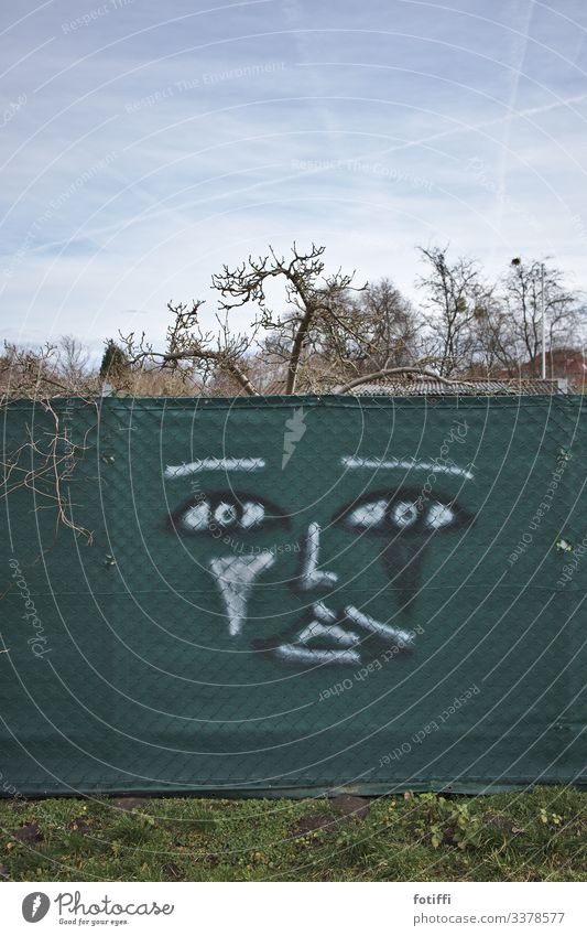 Wenn einem der Baum zu Kopfe steigt Graffiti Zaun Gesicht Zeichnung Kombination Blickwinkel Kleingarten abstrakt