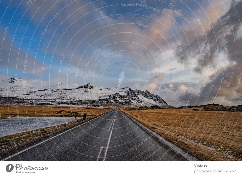 Island, Ringstraße, Schnee, Berge Straße gerade gefroren Wolken Unendlich Natur Berge u. Gebirge Landschaft Frost blau Menschenleer natürlich