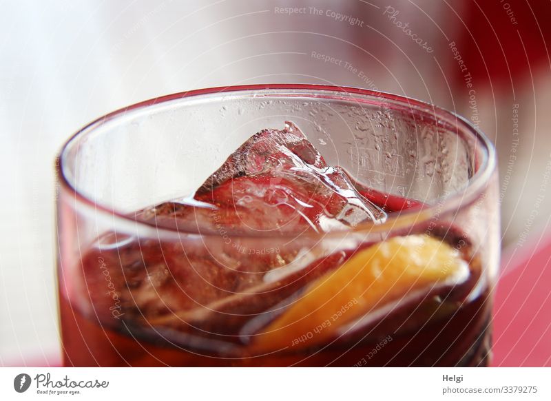 Erfrischungsgetränk im Glas mit Eiswürfel und Zitronenscheibe Lebensmittel Frucht Getränk Limonade genießen stehen Flüssigkeit kalt lecker braun gelb grau rot