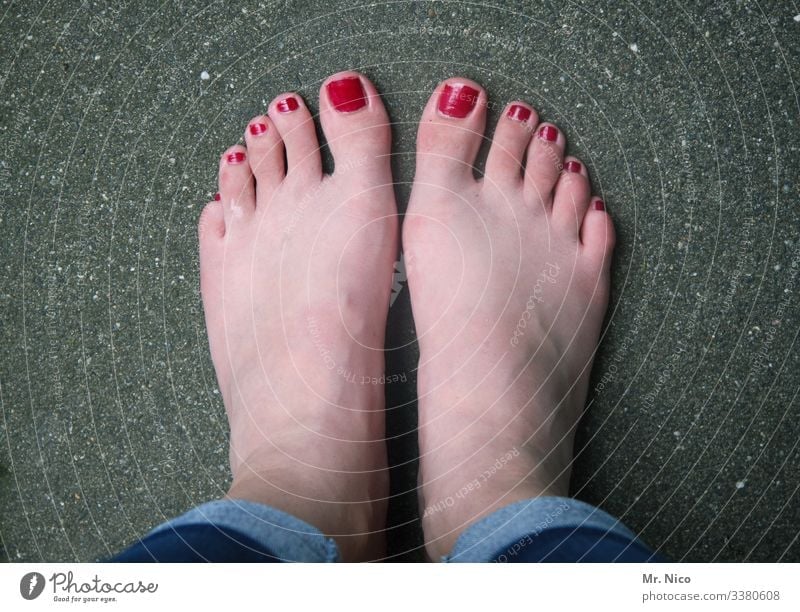 lackiert - andersrum Füße zehen asphalt farbfoto stylen Barfuß stillgestanden stehen Fußnägel Vogelperspektive warten rot feminin Pediküre Körperpflege