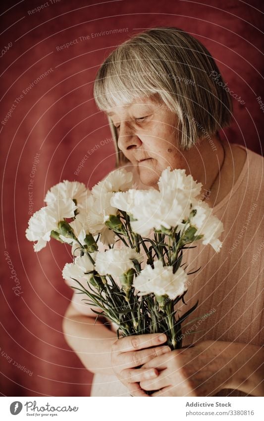 Nachdenkliche ältere Frau mit Blumen zu Hause alt Nelke Blumenstrauß geblümt natürlich Geschenk frisch Frühling feiern duftig Veranstaltung Feiertag festlich
