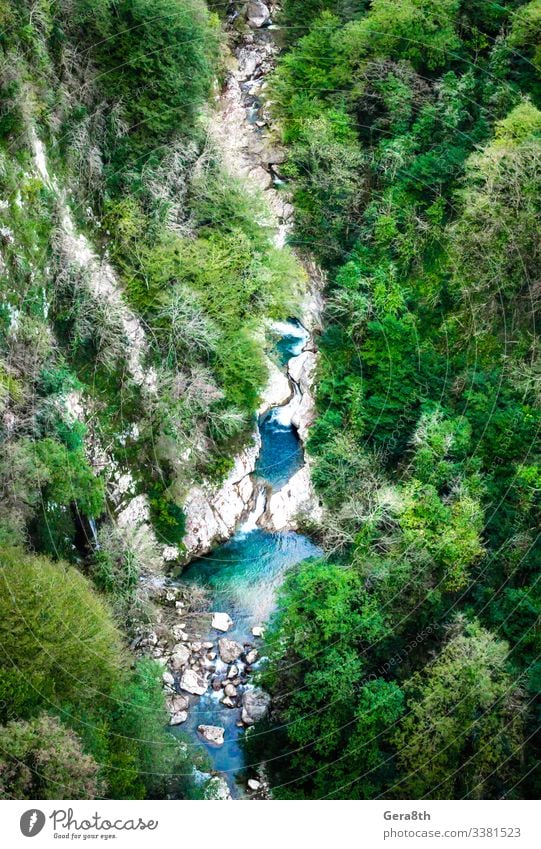 Luftaufnahme einer Bergschlucht mit Fluss und Wald in Georgien Ferien & Urlaub & Reisen Tourismus Berge u. Gebirge Natur Landschaft Pflanze Herbst Klima Baum