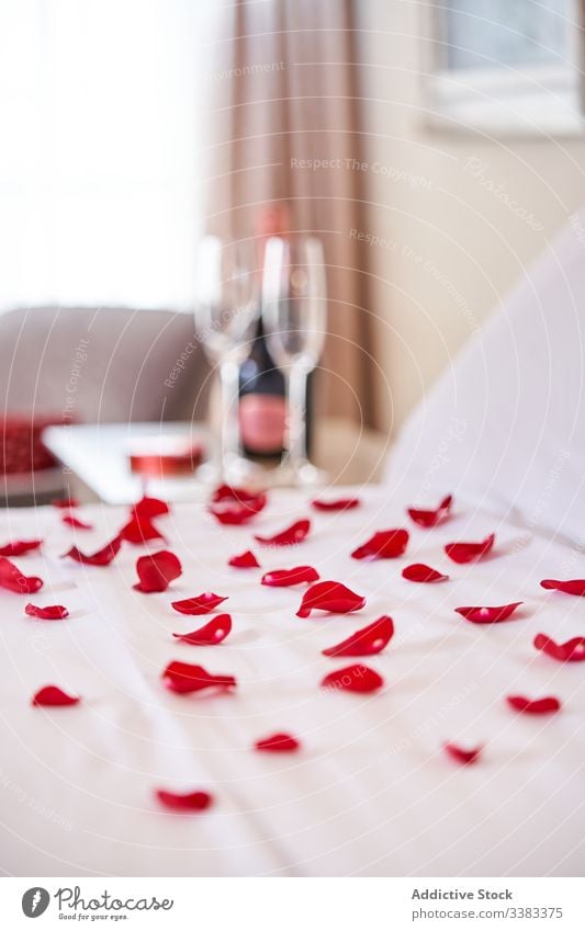 Geschmücktes Schlafzimmer für ein romantisches Date zu Hause Bett Blütenblatt Roséwein Valentinsgruß Weinglas Termin & Datum Konzept heimwärts trinken Feiertag