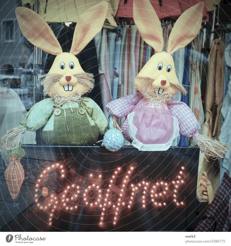 Kundenfänger Hasen Ostern Osterhasen Frühling mehrfarbig menschenleer Innenaufnahme Schaufenster An- & Verkauf Gebrauchtwaren Flohmarkt Textilien Geöffnet