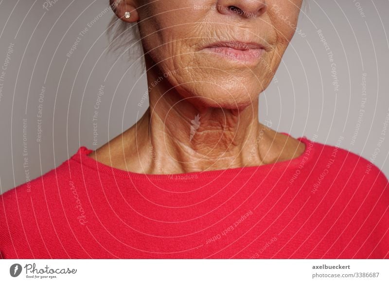Hals einer älteren Frau mit Falten Alterung Haut Gesicht Kinn Lebensalter Senior Dame Schönheit Dermatologie Erwachsener Menschen Person Frauen unkenntlich