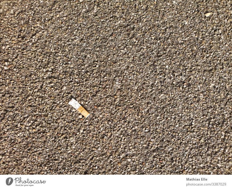Zigarettenstummel auf dem Gehweg Rauchen Gift Menschenleer Filterzigarette Sucht Textfreiraum oben ausglühen nikotinstange zigarettenkippe zigarettenstummel
