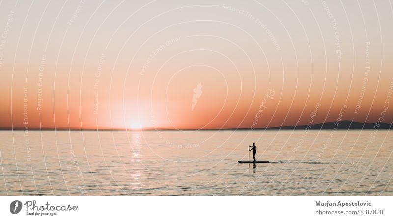 Frau paddelt bei Sonnenuntergang auf einem Brett auf dem Meer Aktivität Hintergrund schön Holzplatte Boarding genießend Abend Mädchen Harmonie Gesundheit