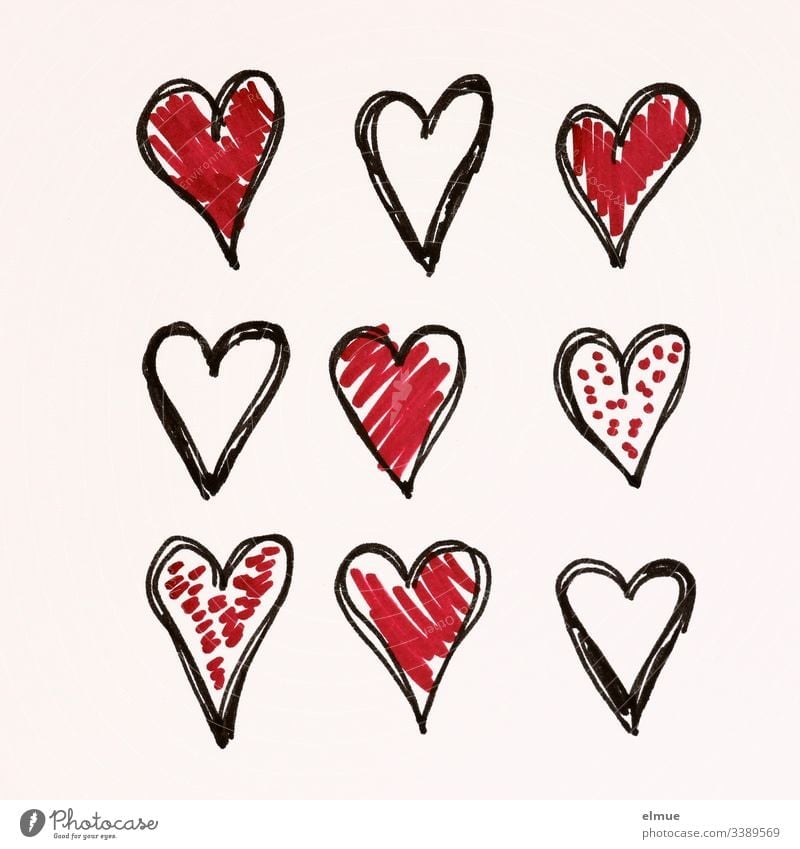 neun unterschiedlich gemalte Herzen Kritzelei zeichnen Zeichnung Symbolik Mitteilung Scribble deuten malen Piktogramm Skizze stil stilisiert verliebt Papier