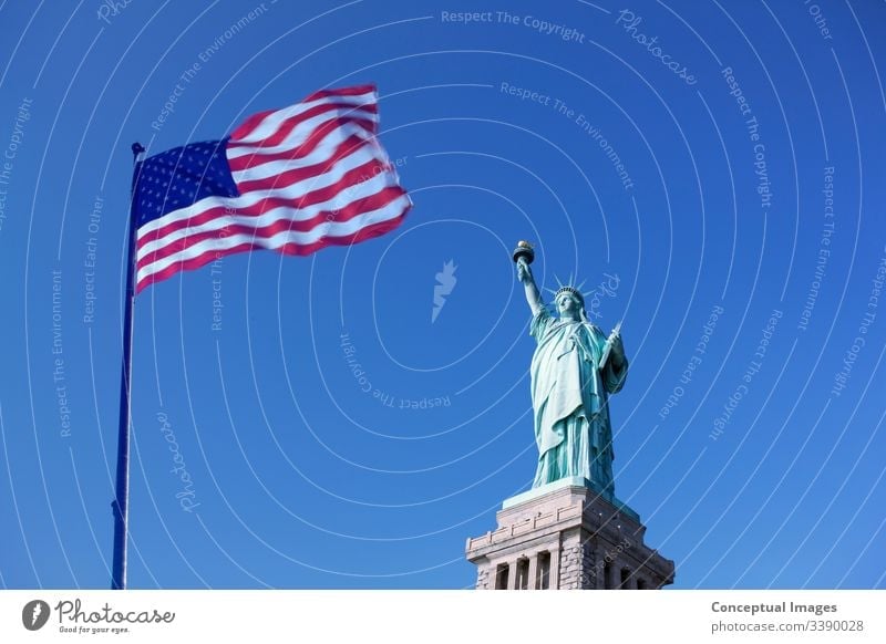 Freiheitsstatue und die US-Flagge Amerikanische Kultur Fahne internationales Wahrzeichen manhatten - new york city Nationalflagge New York State New York City