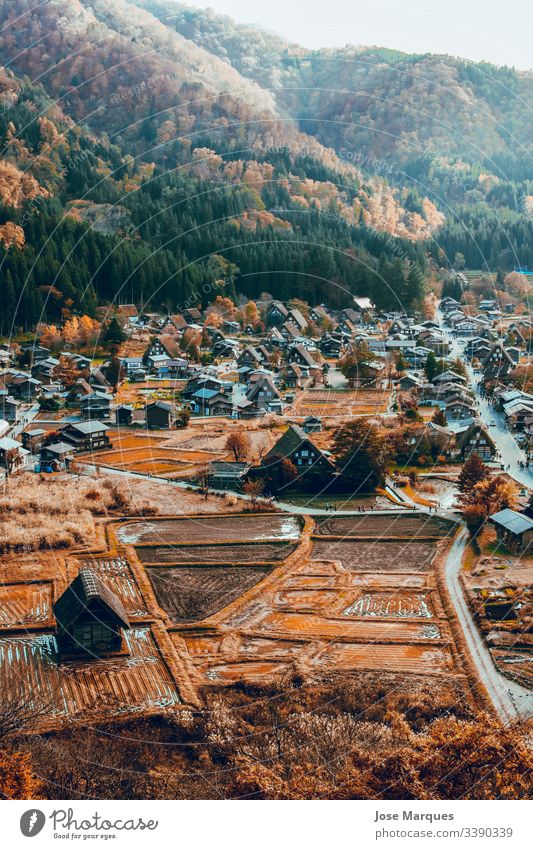 pueblo japones con casas en otoño Heimatstadt Haus ländlich traditionell Japan Herbst Ländliche Stadt Shirakawa-go-go asiatisch Landschaft Hintergrund Tapete