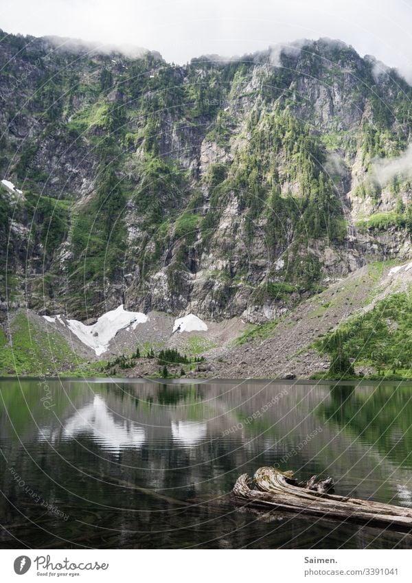 Lake 22 bergsee Klippen Felsen USA Amerika sehen Berge Wasser Schneefeld Schafe Wald Bäume Natur holz gebirge Nebel Himmel Landschaft