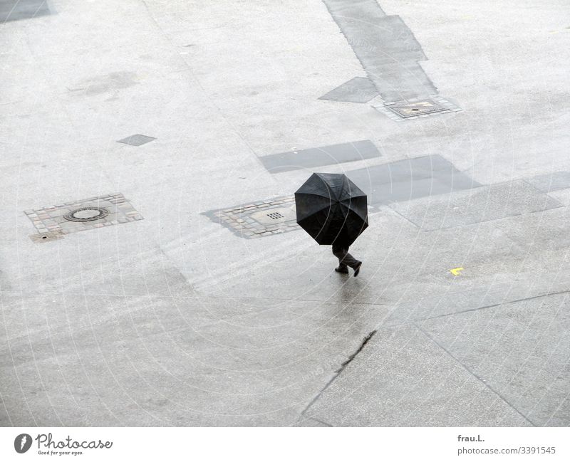 Der große, zweibeinige Regenschirm spaziert lässig über das windige Heiligengeistfeld Wetter Platz Tag schlechtes Wetter Außenaufnahme Beine Mensch Mann