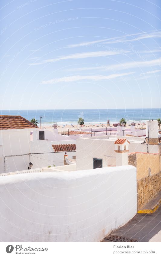 Kleines Dorf am Meer Stadt verweilen mediterran Pastellton hell Haus Mauer Horizont Palme Dachziegel Strand Sand Wasser geschützt traditionell klein vertraut