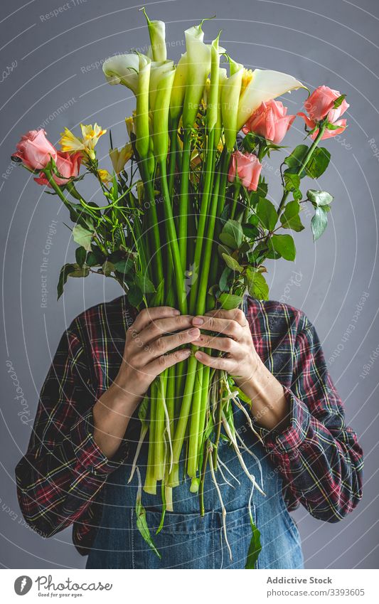 Nicht erkennbare weibliche Berufsfloristin, die Blumensträuße fertigt. Überstrahlung Hintergrund Besitzer Zusammensetzung schön Blumenstrauß kreativ geblümt