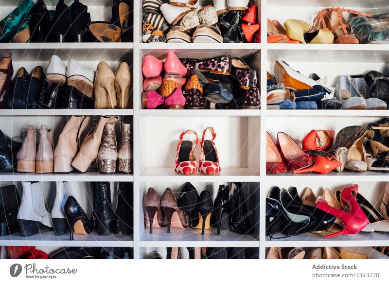 Sortiment an Damenschuhen im Kleiderschrank Schuh Schuhe Appartement Regal Frau farbenfroh teuer Ablage Lager verschiedene Stil Mode sortiert Design Tradition