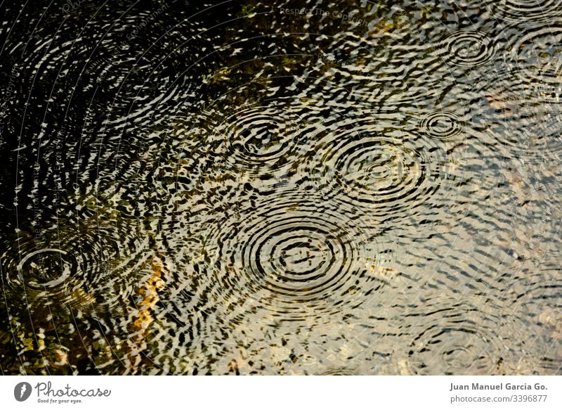 Wellen im Wasser eines Flusses, die durch Regen entstehen Regentropfen farbenfroh Dekoration & Verzierung Einfluss geometrisch Grafik u. Illustration modern
