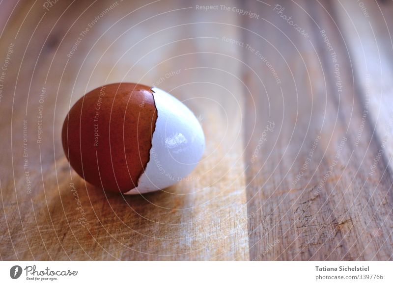auf einem Holzbrett liegendes Ei mit brauner Schale, das als Kappe ein Stück weiße Schale trägt Eierschale Ostern braun-weiß Frühstück Ernährung schälen