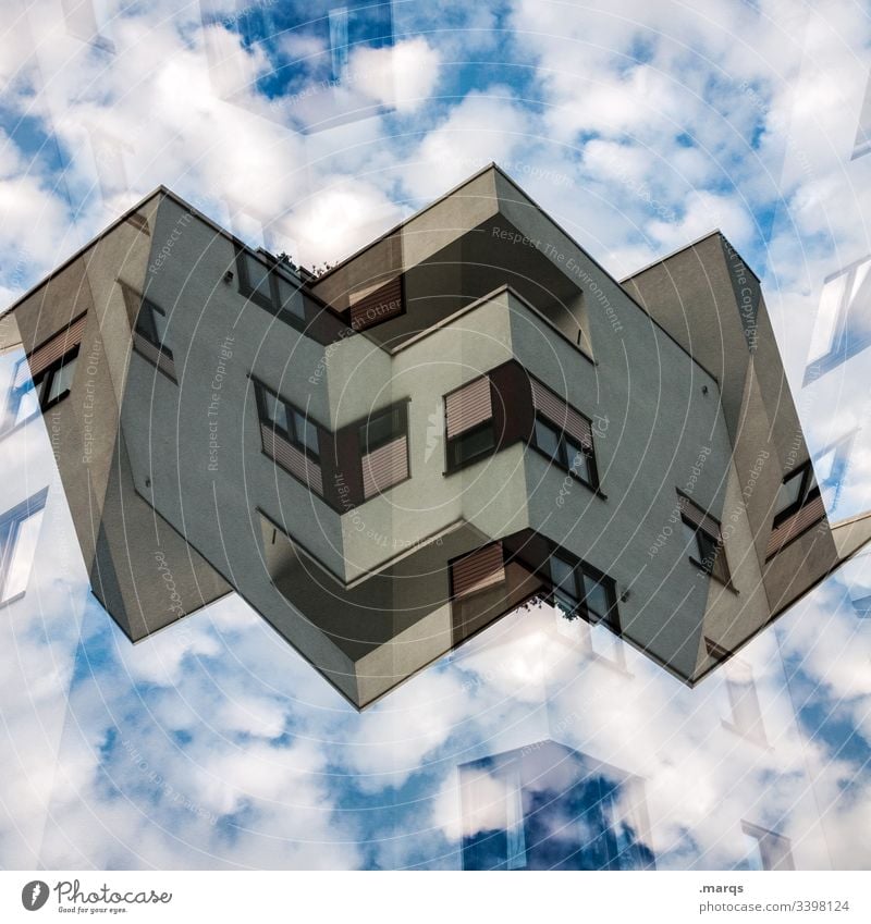 Origami Haus Architektur abstrakt Doppelbelichtung Himmel Wolken Symmetrie Zukunft Wohnhaus wohnen Schweben