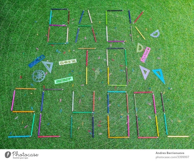 Schulmaterial in Komposition auf Grashintergrund Spiel Klassentafel Konzept Kind Bildung Mathematik Tafel Element dekorativ kreisen Nummer Muster lernen kreativ