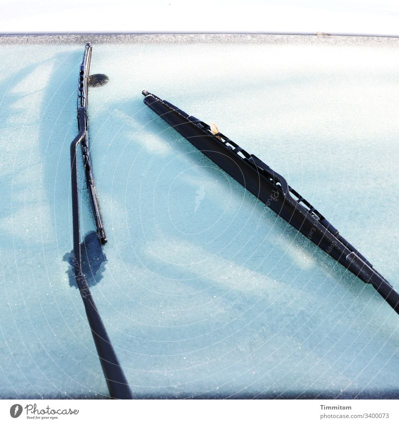 Frost auf Autoscheibe Winter Eiskristalle Frontscheibe Scheibenwischer kalt gefroren Außenaufnahme Menschenleer weiß schwarz