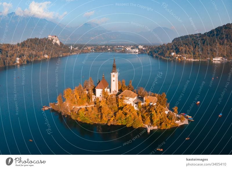 Luftaufnahme der Insel Bled auf dem Bleder See und der Bleder Burg und der Berge im Hintergrund, Slowenien. geblutet Berge u. Gebirge malerisch Wahrzeichen