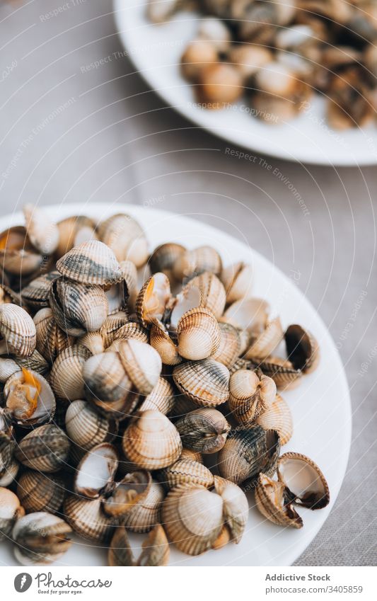 Teller mit essbaren Muscheln auf dem Tisch Festessen Meeresfrüchte Zusammensetzung Lebensmittel organisch natürlich Ernährung Gesundheit Küche Hochzeit