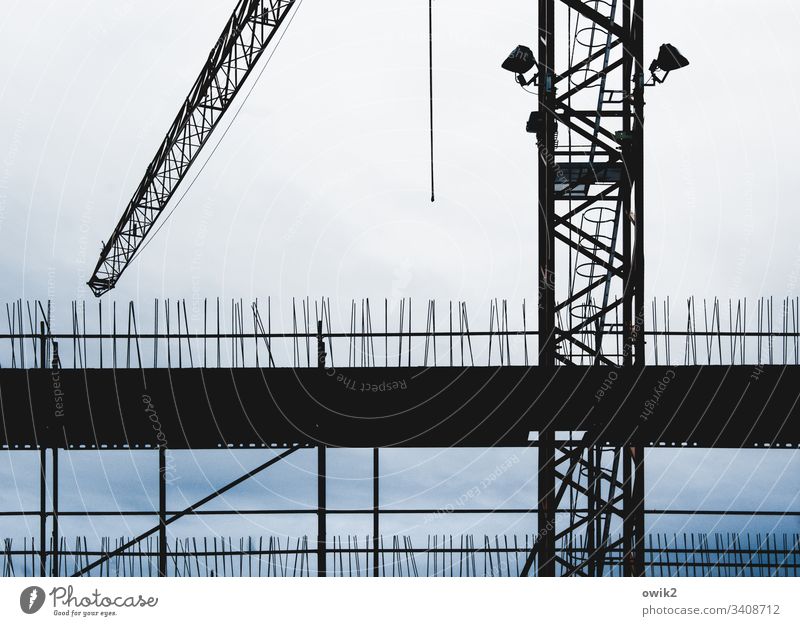 Baulich Baustelle Baukran Silhouette Wolken Detailaufnahme Arbeit Arbeitsplatz aufstrebend oben stachelig Arbeit & Erwerbstätigkeit Kran Außenaufnahme Himmel