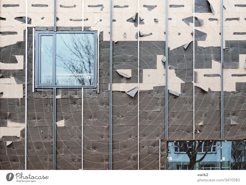 Verwandlung Wand Fassade Baustelle halbfertig Fenster Wärmedämmung Glas Kunststoff Streifen fest Außenaufnahme Farbfoto Haus Menschenleer Gebäude Tag Linie