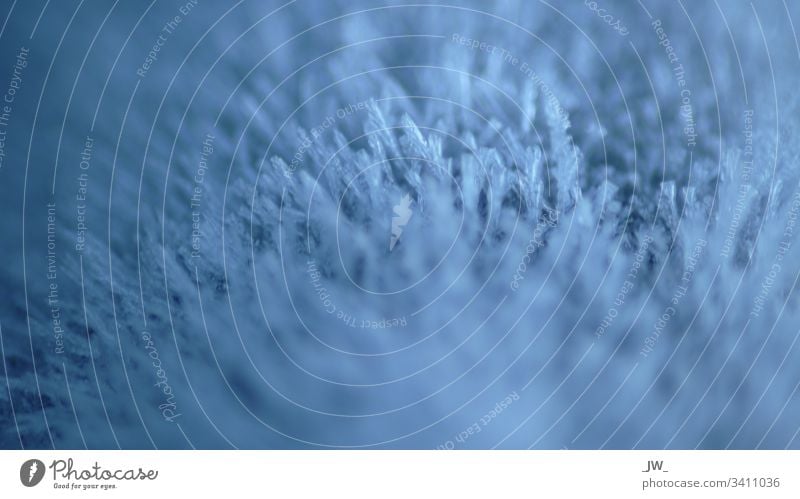 Makroaufnahme von Schneekristallen Winter kalt Frost Eis blau gefroren Natur Raureif Eiskristall Außenaufnahme Kristallstrukturen frieren Morgen Nahaufnahme