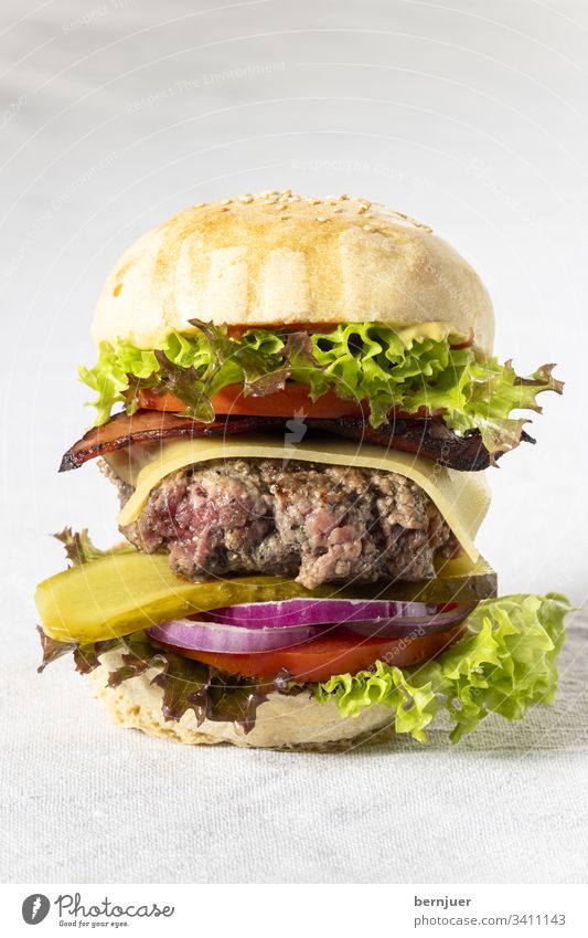 Nahaufnahme eines einzelnen Cheeseburgers cheeseburger hamburger knusprig fastfood geröstet Bio patty rucola gebacken sesam Ketchup Gourmet American Gemüse