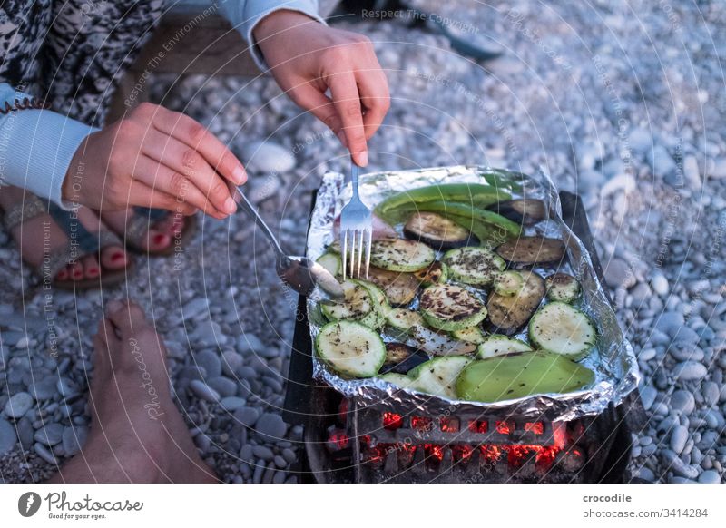 Gemüse auf kleinem Kohlegrill Grillen Vegane Ernährung Vegetarische Ernährung Zucchini Paprika Aubergine glühen Glut kochen & garen draußen Strand