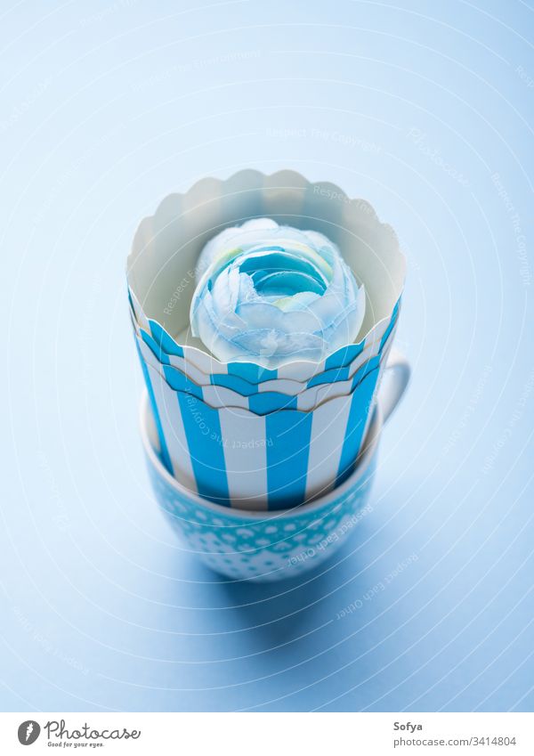 Stilleben mit blauen Tassen und Blume abstrakt sehr wenige noch Leben Kunst Konzept trinken essen Geschirr Keramik Design Monochrom Werkstatt Lebensmittel