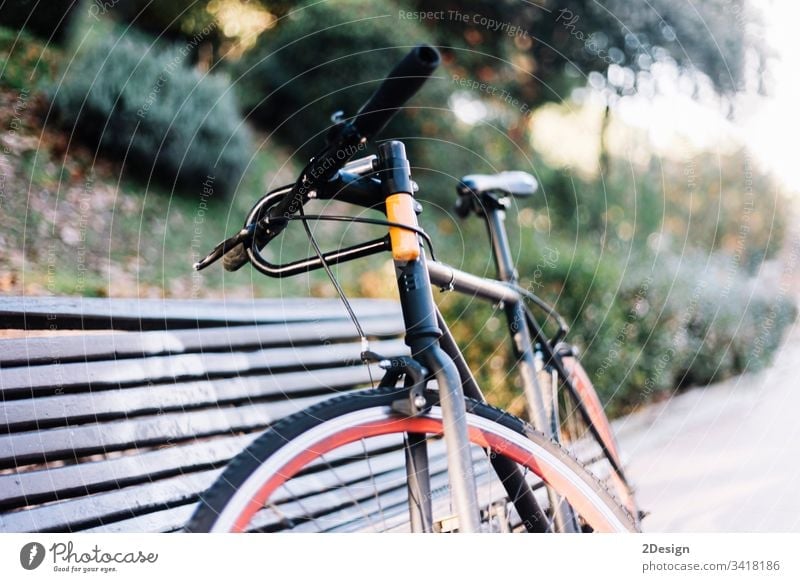 Fahrrad auf einer Bank im Freien in einem Park retro Objekt reisen Natur Herbst Stil altehrwürdig Verkehr Konzept Dekoration & Verzierung Frühling Transport