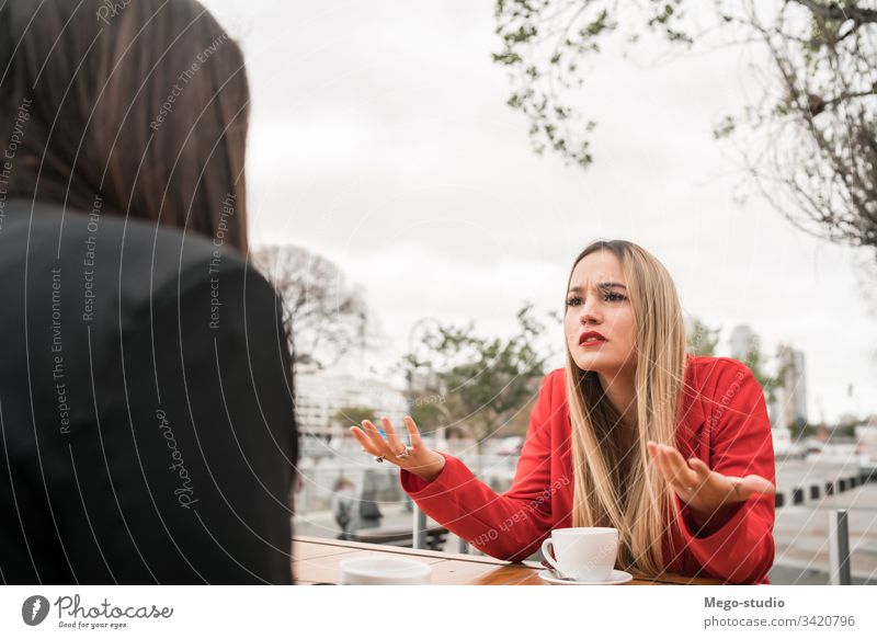 Zwei wütende Freunde diskutieren im Café. zwei Besprechung sprechend Frau Freundschaft verwickelt Kaffeehaus Werkstatt negativ Probleme Mädchen Sprechen