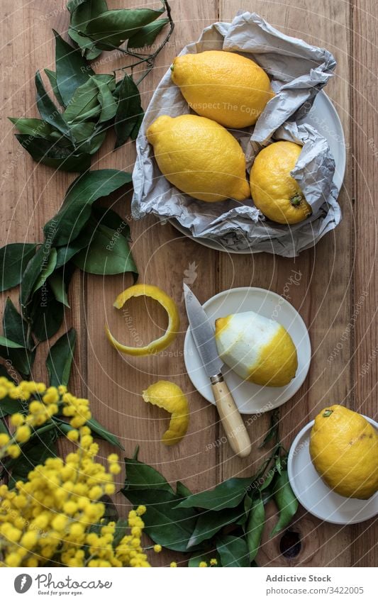 Zusammensetzung von Zitronen und grünen Blättern lassen Blatt sich[Akk] schälen frisch Zitrusfrüchte Lebensmittel hölzern organisch Gesundheit natürlich lecker