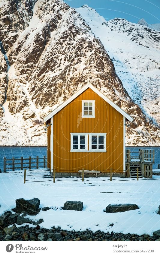 Kleines gelbes Haus am Fjord vor schneebedeckten Bergen Norden Erholung Winterurlaub Meer Schnee Zentralperspektive Umwelt Ferien & Urlaub & Reisen Landschaft