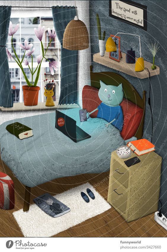 Illustrierte Katze sitzt im Bett und schaut auf ihren Laptop Illustration niedlich homeoffice zu Hause Tee Information drahtlos Kaffee Schlafzimmer Web