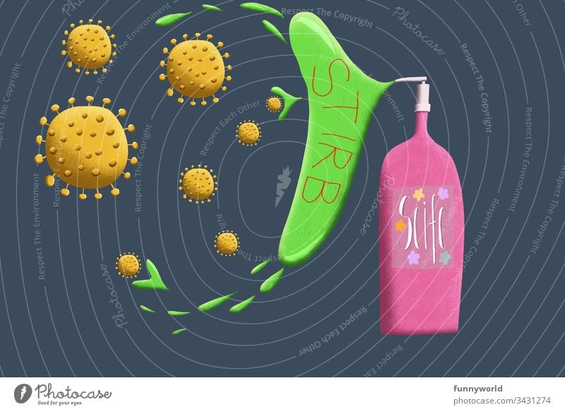 Illustration von Seife, die das Corona Virus tötet Coronavirus covid-19 Händewaschen töten Hände waschen sauber Desinfektion Zeichnung Hygiene Handhygiene