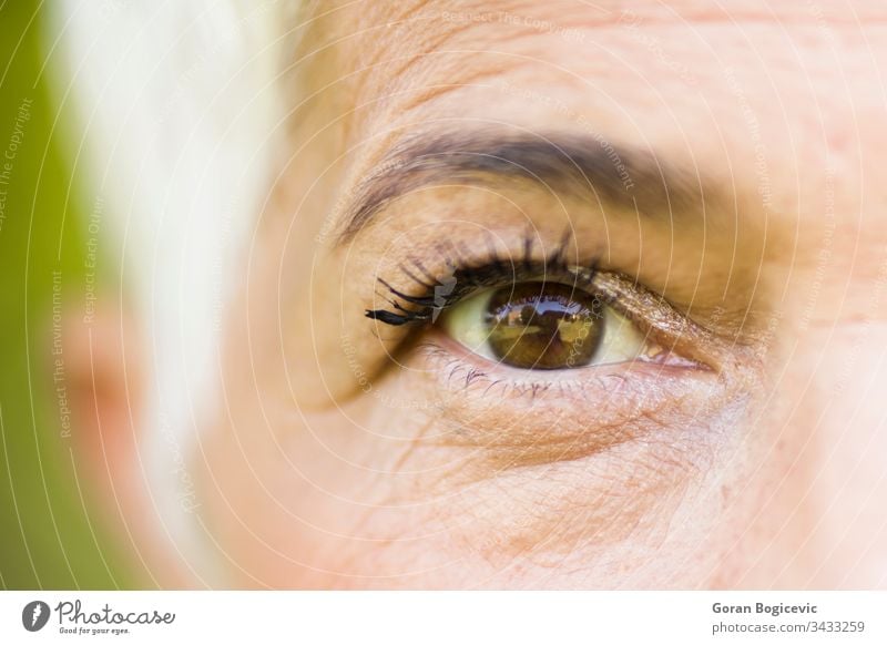Gefaltetes Auge einer schönen Frau Wimpern Erwachsener Lebensalter braun Pflege Nahaufnahme Detailaufnahme älter Ausdruck Augenbraue Gesicht Aussehen Makro