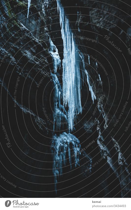 Eiszapfen in Schlucht Winter kalt Fels dunkel düster eisig hängen Stein groß rießig Klamm Natur Naturschönheit gefroren Wasser blau