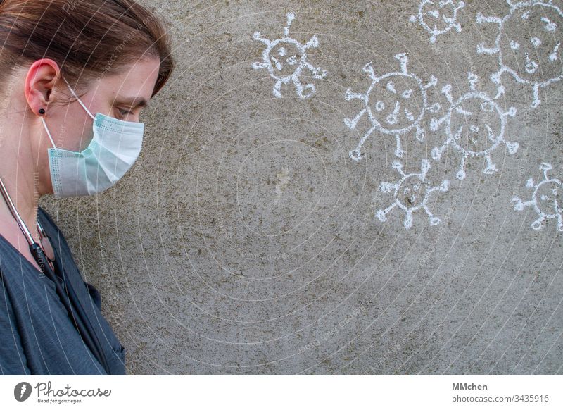 Virusausbreitung Pandemie Zellen Mundschutz Corona Pflegepersonal Verzweiflung Resignation Arzt Verbreitung Hilflosigkeit Stress Grippe Krankheit Übertragung