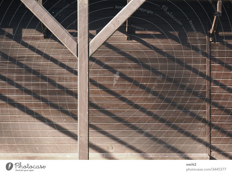 Y Holz Wand Bungalow Pfosten Pfeiler diagonal Schatten Schattenwurf einfach Holzwand Sonnenlicht Strukturen & Formen braun Gedeckte Farben Muster Detailaufnahme