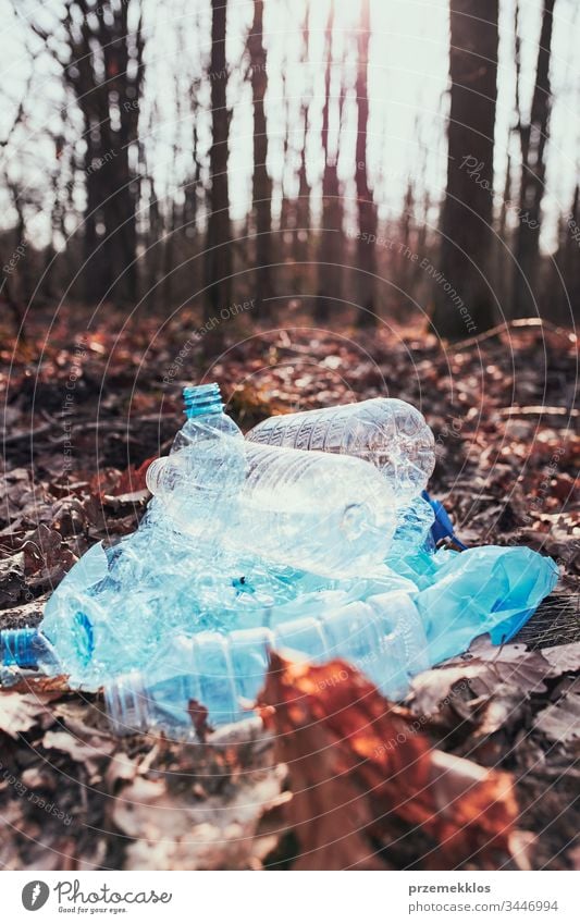 Im Wald zurückgelassene Plastikabfälle. Konzept der Kunststoffverschmutzung und der Verantwortungslosigkeit gegenüber der Umwelt. Umweltproblematik. Umweltschäden. Reale Menschen, authentische Situationen