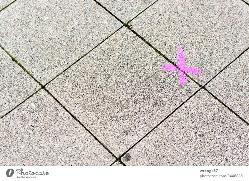 Pinkfarbene Markierung auf diagonal verlegten Gehwegplatten Kreuz pink pinkfarben Außenaufnahme Menschenleer Farbfoto Tag Vogelperspektive Textfreiraum oben