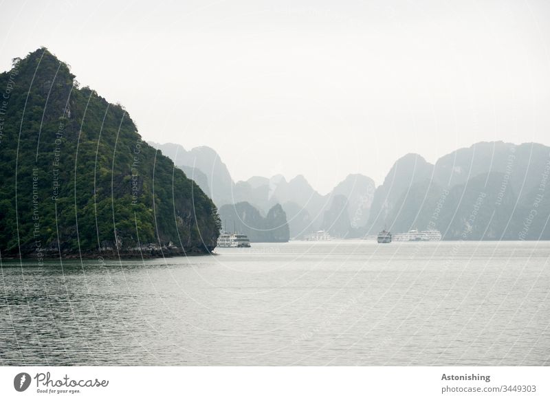 Felsen in der Halong Bay, Vietnam Ha Long Ozean Urlaub Reise Schatten exotisch Nebel Textfreiraum oben schön Licht Wetter grau Pflanzen Aussicht hart steil
