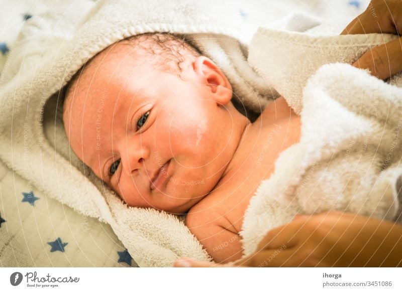 Neugeborenes zum Zeitpunkt seines Bades bezaubernd Baby schön Decke Born Junge Pflege Kaukasier heiter Kind Kindheit Sauberkeit Nahaufnahme bequem niedlich