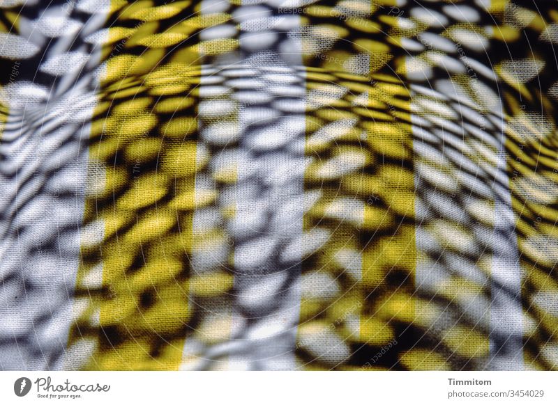 Ein Kissen und der Schatten des Gartenstuhls gestreift gelb weiß Streifen Muster Licht Farbfoto Kontrast schwarz