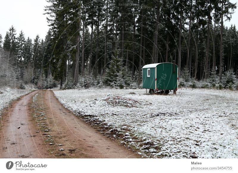 Mobile Holzfällerhütte steht im Wald alpin Kunst Kunstwerk Hintergrund schön blau Kabine Kanada Postkarte gemeißelt Weihnachten Klettern kalt Eckstoß Cottage