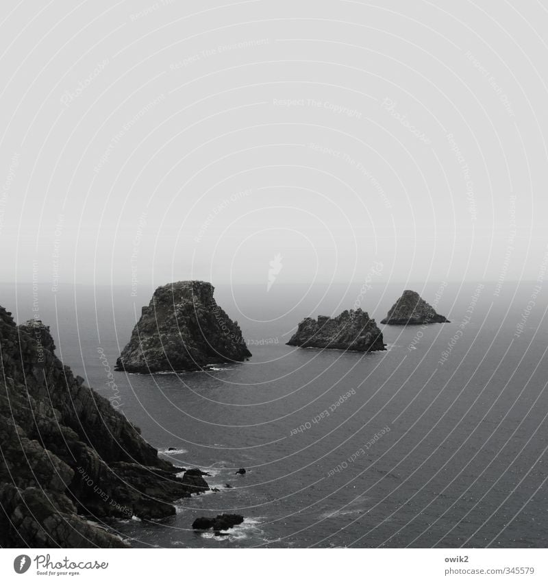 Einsame Inseln Umwelt Natur Landschaft Horizont Nebel Felsen Küste Ferne unten wild blau grau schwarz Idylle rein Einsamkeit ruhig Wellen maritim Bretagne steil