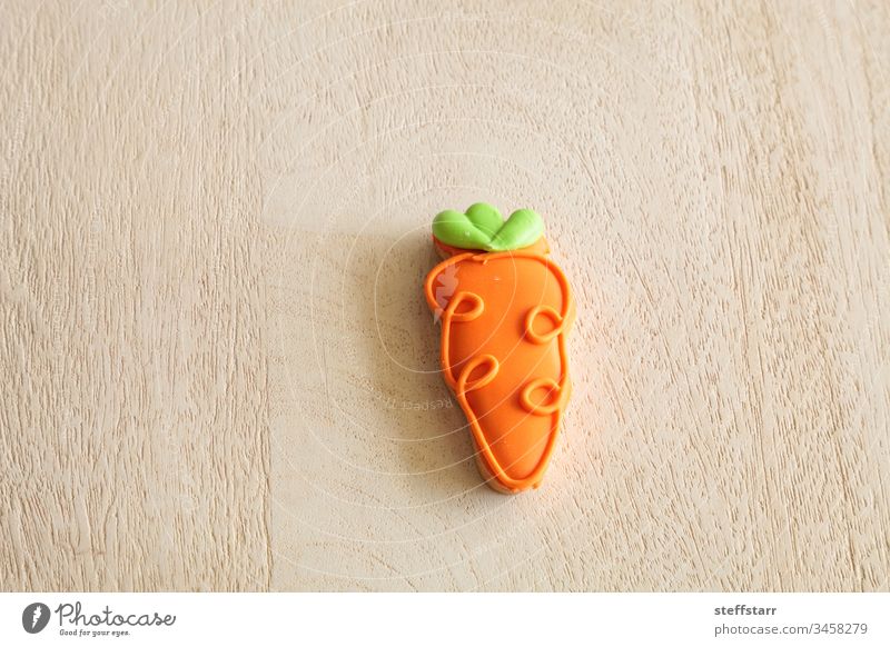 Orangen-Möhren-Zucker-Keks in einem Osterkorbnest orangefarbene Karotte Karottenkeks Ostern Ostertag Feiertag farbenfroh Bonbon Süßigkeiten Konfektionen